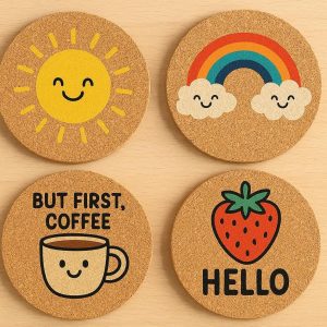 Printed Cork Coaster Set with Fun Designs
