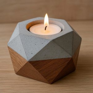 Geometric Concrete and Wood Desktop Candle Holder